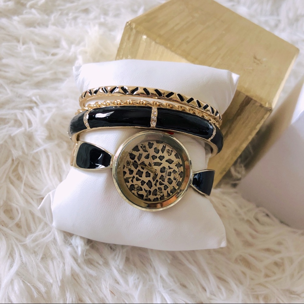 Quartz Cheetah Print Watch Bangle Set - image 1